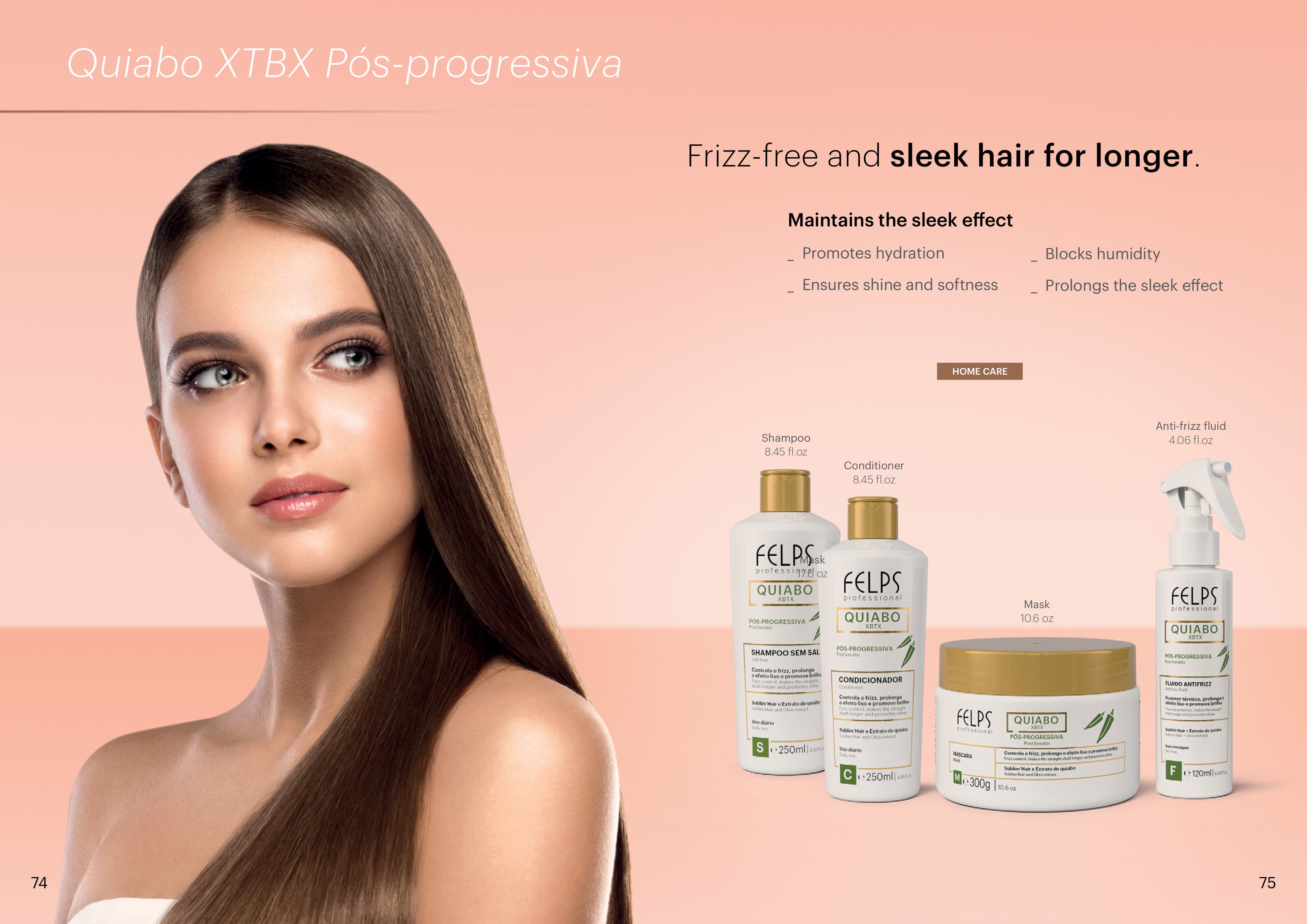 Quiabo XBTX post-keratin smoothing shampoo, conditioner, mask and anti-frizz fluid